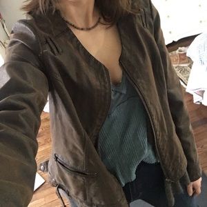 Brown Anthro leather jacket w/gray sweater inside